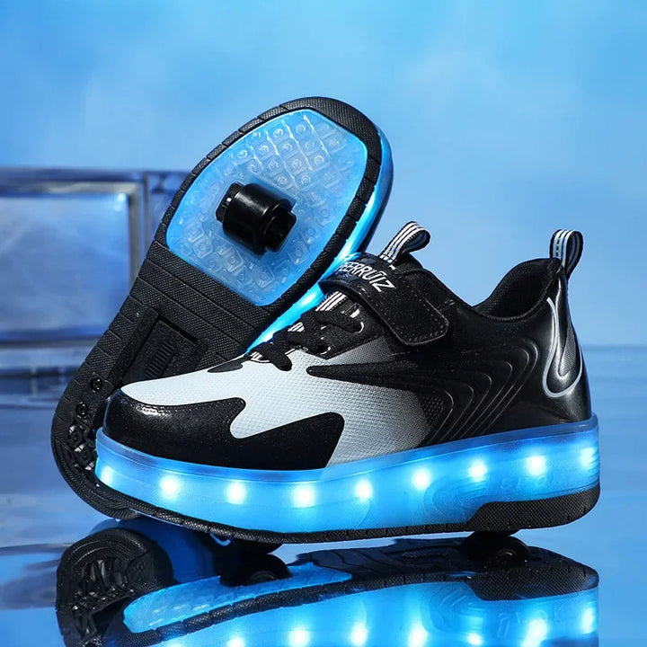 Fun children's active play shoes: glowing roller skates with adjustable and removable wheels for versatile use.