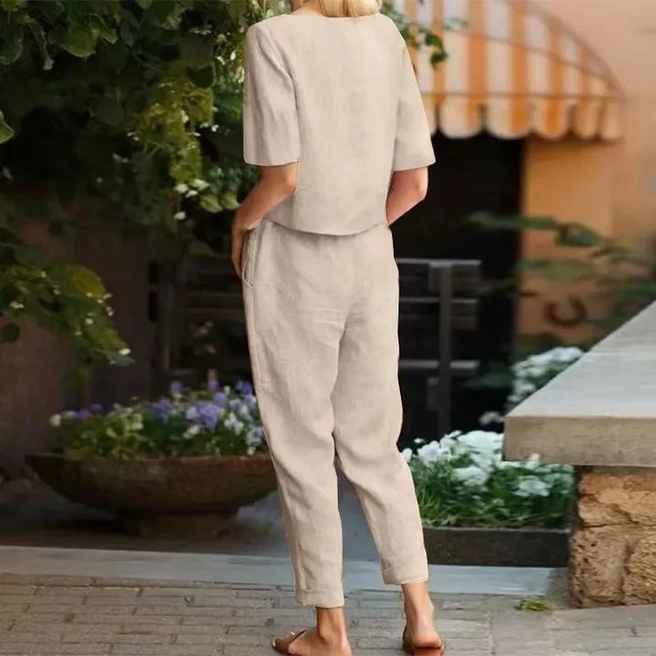 Stylish women's matching two-piece set, versatile for casual wear or comfortable lounging.
