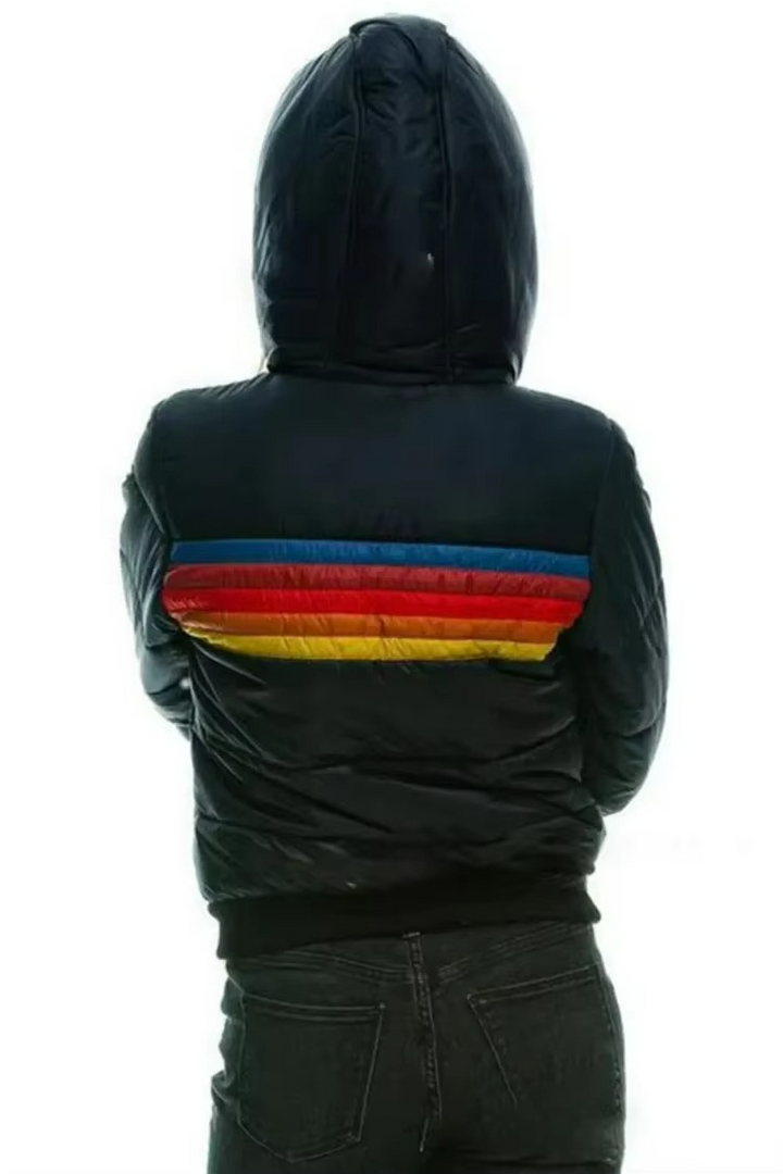 Warm & padded women's retro striped puffer jacket, essential winter fashion.