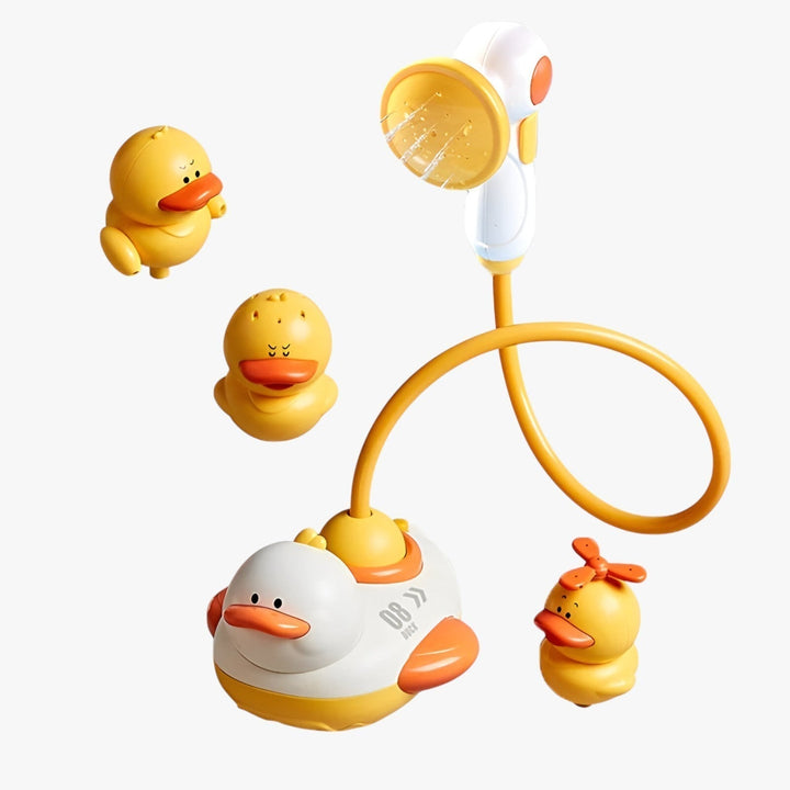 Yellow Fountain Duck Bath Toy floating, spouting water, making kids' bath time fun and splashy.