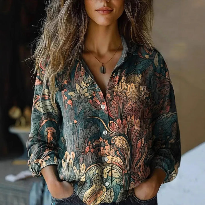 Versatile women's boho print long sleeve button-up blouse, a chic everyday fashion top.