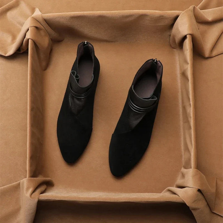 Tan women's versatile low heel ankle booties, comfortable for everyday wear in fall & winter.