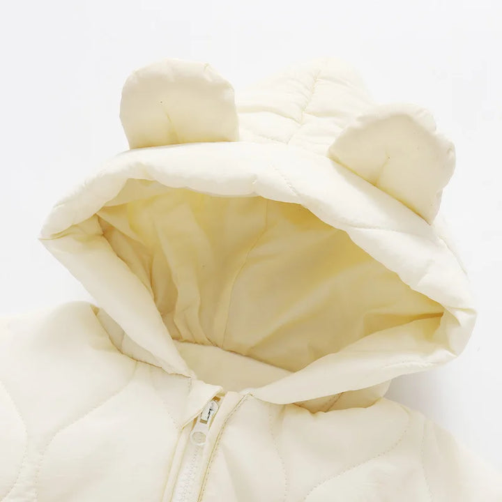 Plush baby hooded bear snowsuit. Super warm winter overall, infant jumpsuit for ultimate cozy outdoor play.