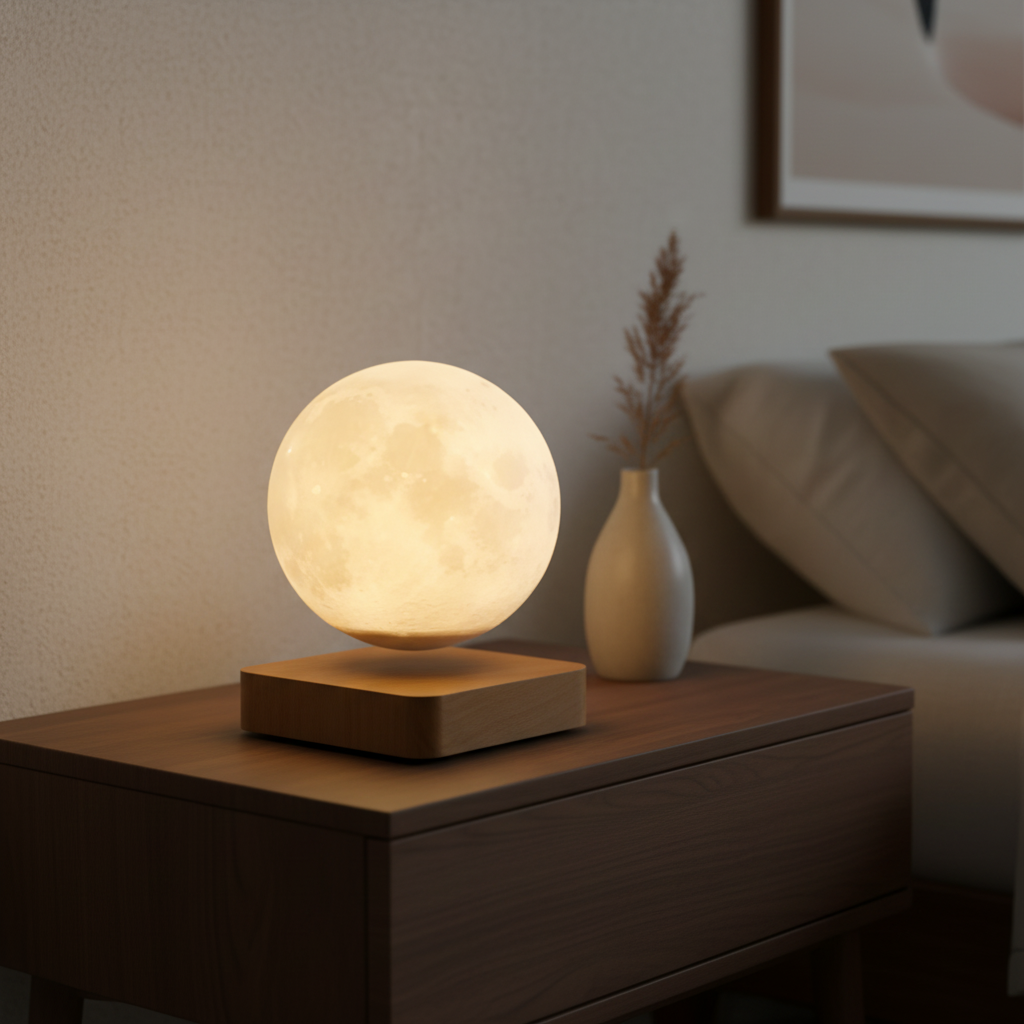 Levitating LED moon lamp, a unique floating night light, perfect modern home decor for desks & ambiance lighting.