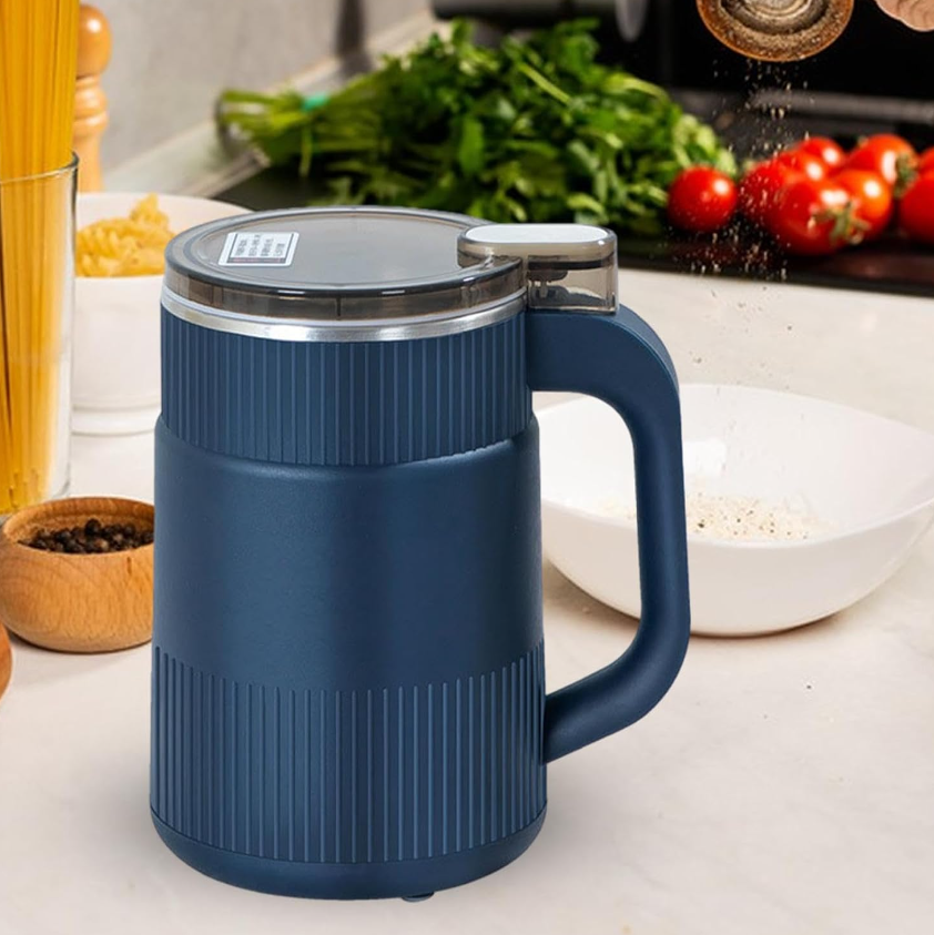 White electric grain mill for home use, grinding fresh flour. Countertop kitchen appliance for baking.
