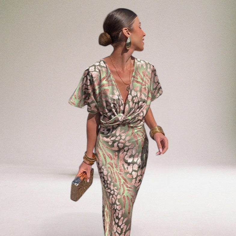Flowy elegant women's wrap maxi dress. V-neck, long, comfortable for wedding guests, evening parties & formal occasions.