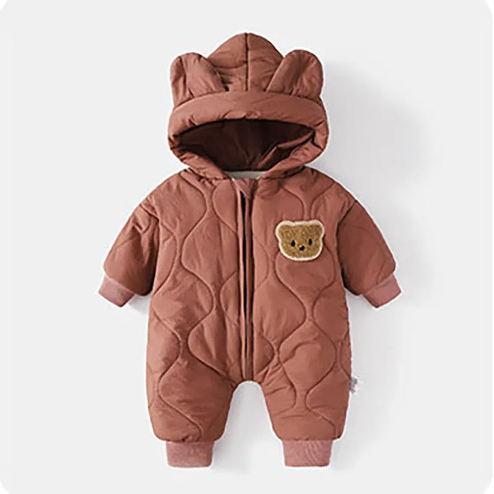 Adorable hooded bear baby snowsuit. Snuggly winter overall, warm infant jumpsuit for outdoor fun in cold weather.