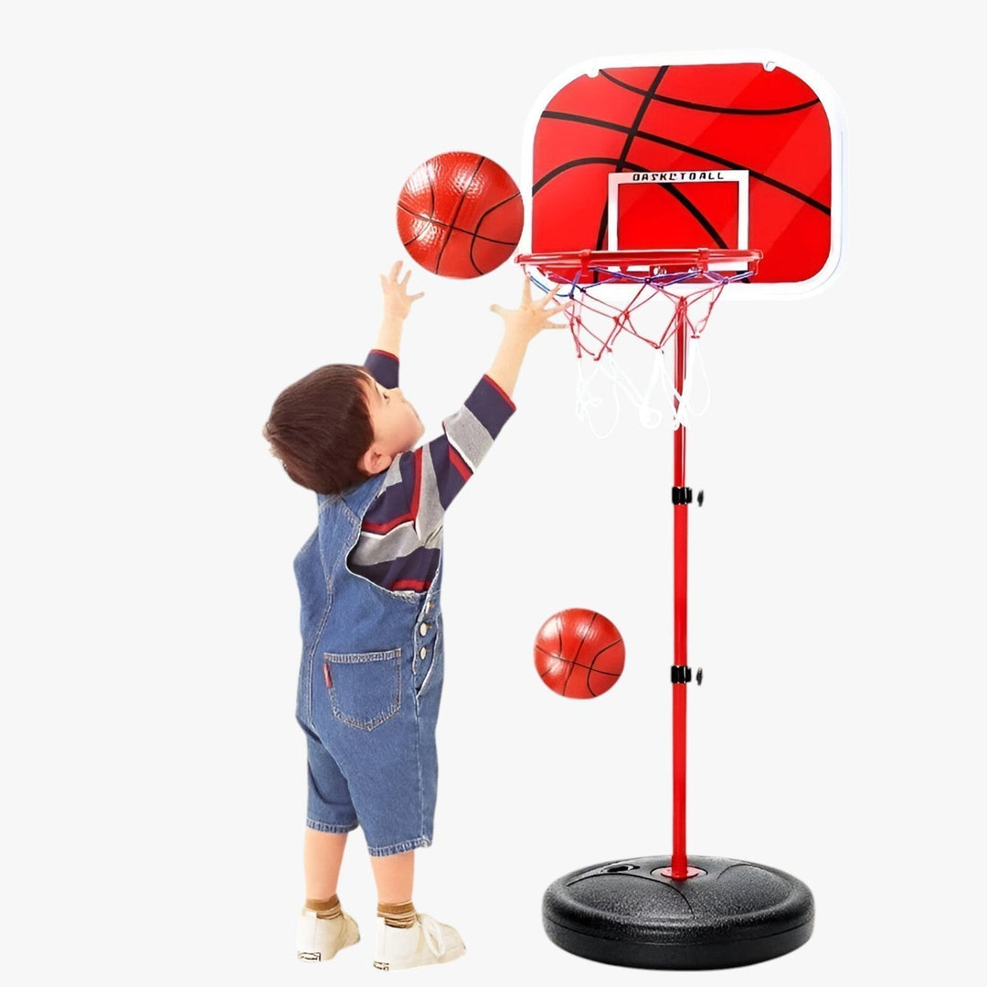 Children's adjustable basketball hoop, sturdy for active indoor & outdoor sports fun, promotes physical fitness.