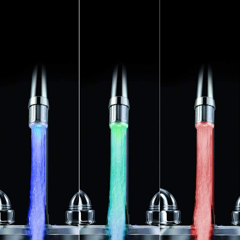 Nvroome Multicolor LED Faucet Light glowing in a modern bathroom, enhancing home decor with its vibrant display.