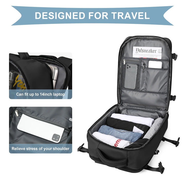 Stylish unisex cabin travel backpack displayed, ready for adventure. Features shoe & wet bag storage. Ideal carry-on.