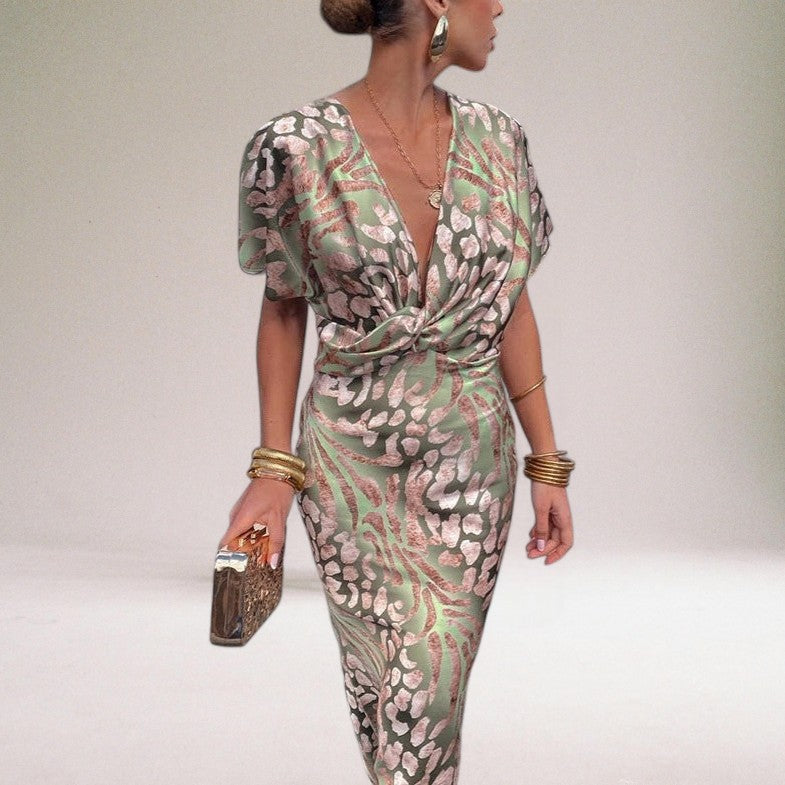 Women's formal wrap maxi dress with V-neck. Flowy, long evening gown perfect for wedding guests & special occasions.