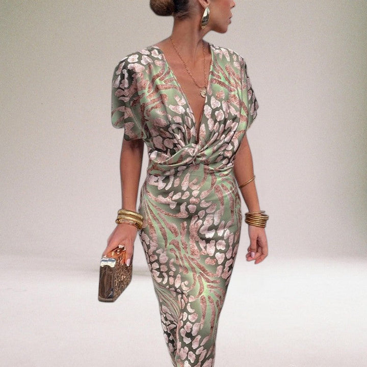Women's formal wrap maxi dress with V-neck. Flowy, long evening gown perfect for wedding guests & special occasions.