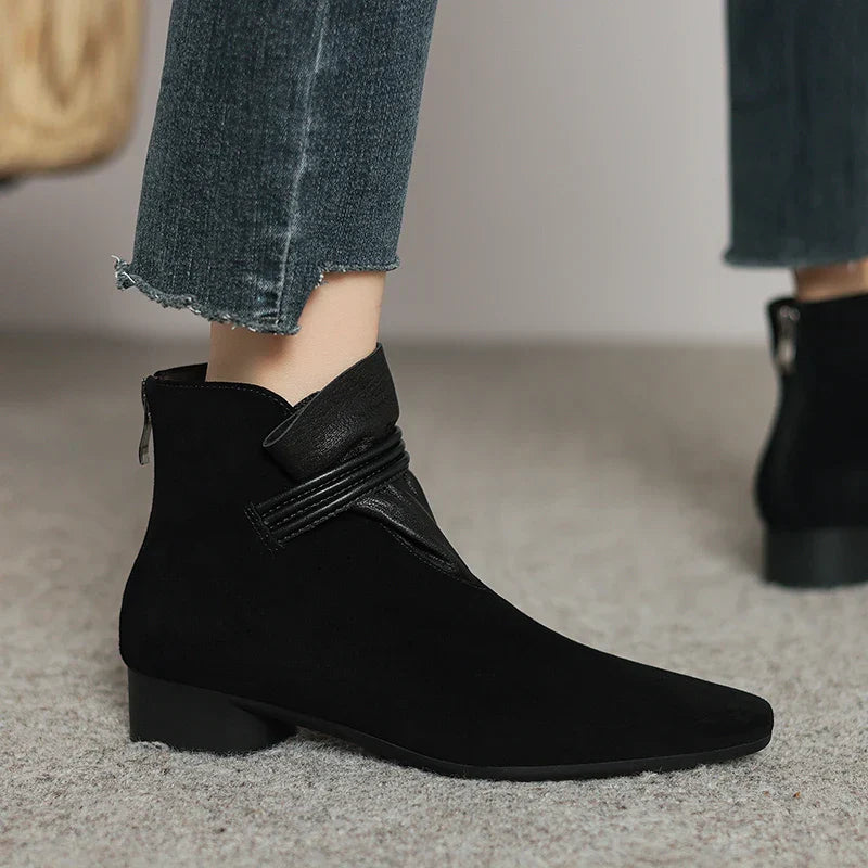 Brown chic women's low heel ankle booties, comfortable for versatile everyday & winter outfits.