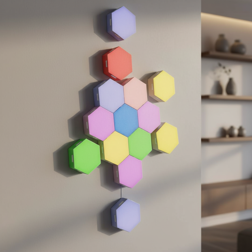Touch-sensitive hexagonal LED wall modules. Modern home decor with smart ambient lighting, easy to customize.
