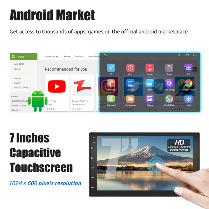 High-resolution touchscreen on universal Android car stereo for GPS, wireless CarPlay, & multimedia.