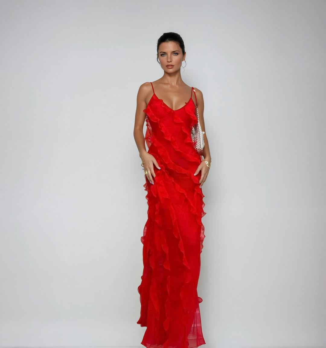 Women's romantic ruffle maxi evening gown, elegant V-neck formal dress for special occasions.