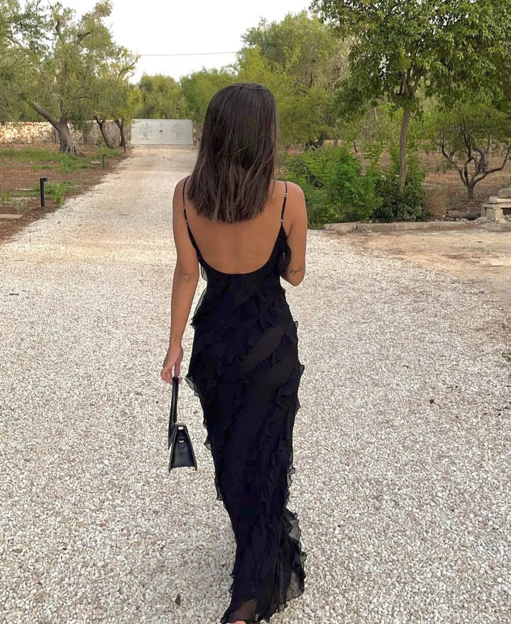 Flowing women's romantic ruffle maxi dress, V-neck evening gown, ideal for summer formal events.