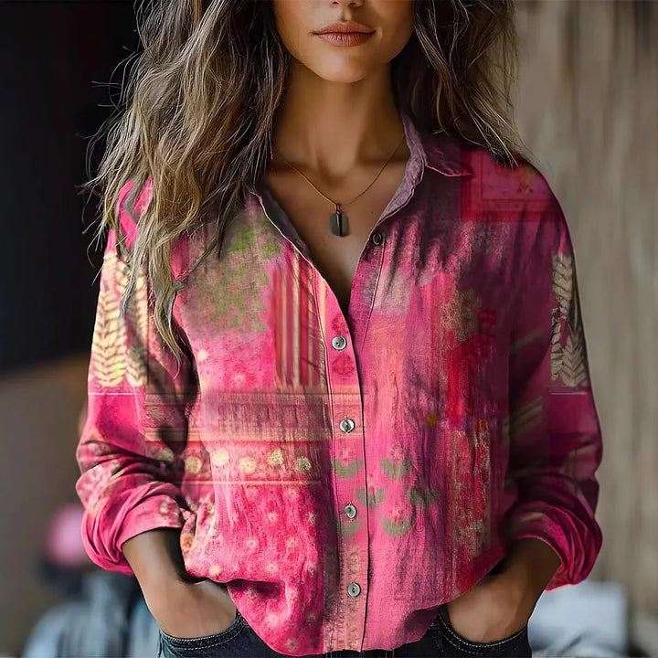 Bohemian floral print long sleeve button-up blouse for women, featuring a relaxed fit.