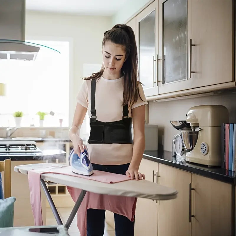 Heavy-duty back support belt with shoulder straps for men & women, enhancing posture, work safety & injury prevention.