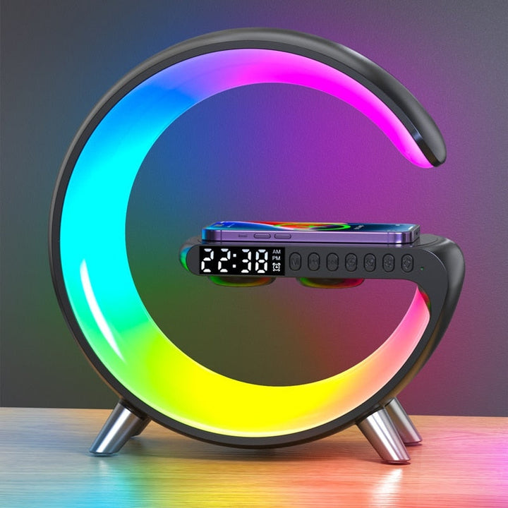 Sleek tech gadget: wireless fast charger, Bluetooth clock speaker, and customizable RGB ambient light for home decor.