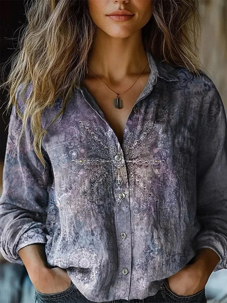 Stylish women's long sleeve boho floral print button-up blouse, an ideal top for autumn wear.