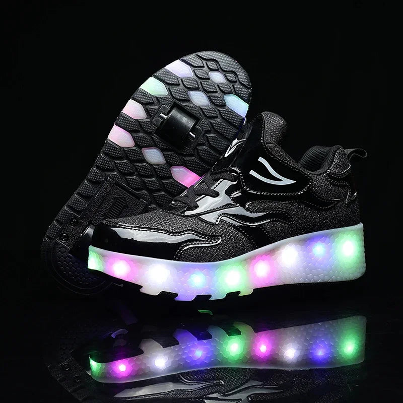Dynamic youth light-up Heelys; versatile two-in-one shoes with wheels for skating & walking.
