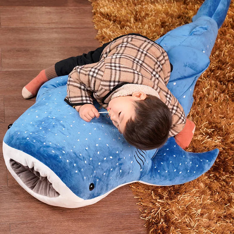 Comforting soft plush whale shark toy, a large huggable marine animal, great for children's bedrooms & play.