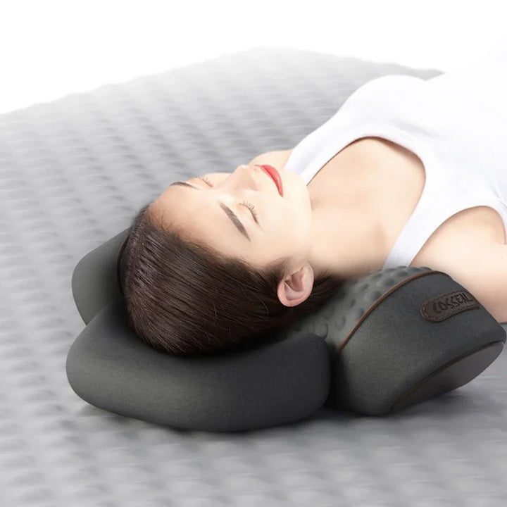 Unisex 3-in-1 electric neck massager with heat function. Ergonomic memory foam for pain & stress relief.