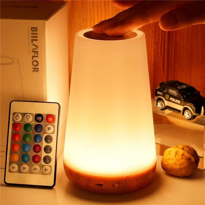 Multicolor LED night light, touch & remote dimmable. Perfect for ambient home decor & bedside lighting.
