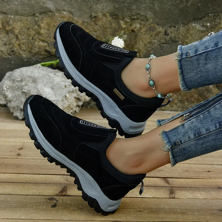 Low top women's comfort shoes featuring soft sole & orthopedic arch support for prolonged daily wear.