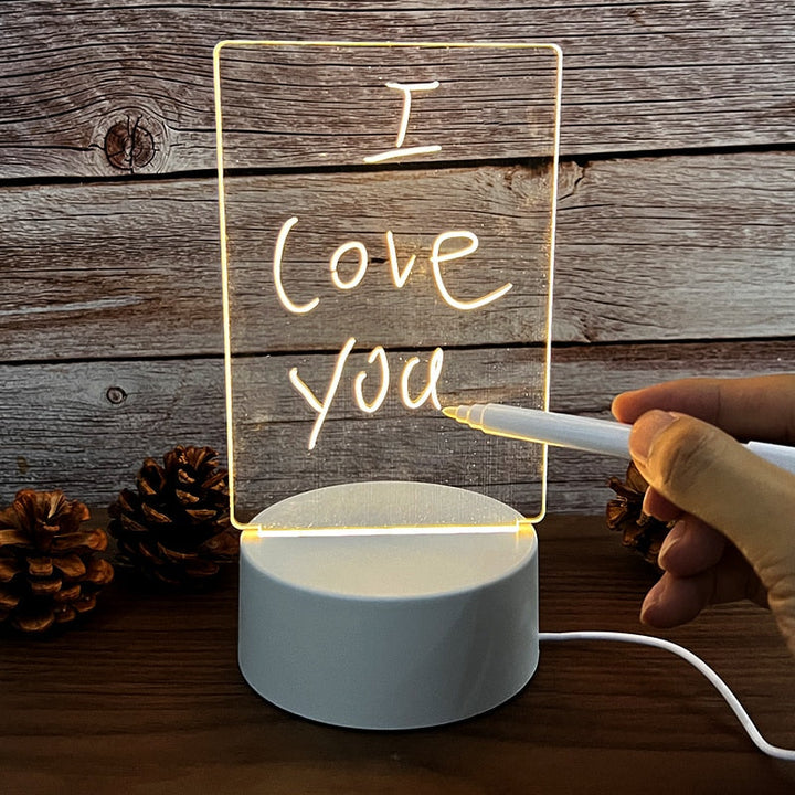 Illuminated LED message board for notes & reminders, dry erase acrylic, perfect home decor or desk accessory.