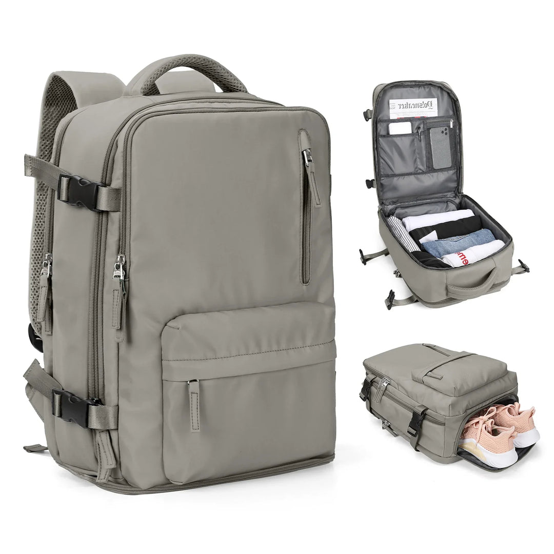 Unisex cabin travel backpack with shoe & wet bag storage. Perfect carry-on for organized trips & flights.