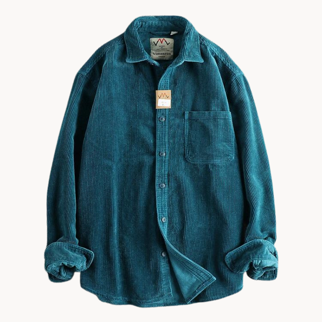 Modern men's long sleeve button-up shirt jacket in blue, excellent for everyday casual style and layering.