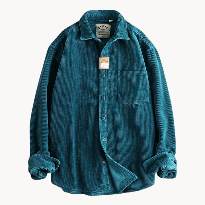 Modern men's long sleeve button-up shirt jacket in blue, excellent for everyday casual style and layering.