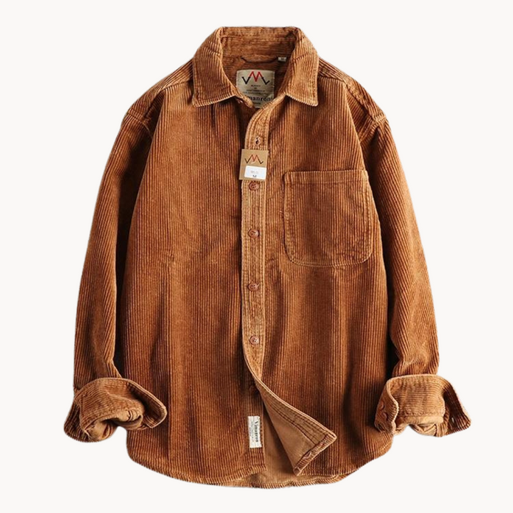 Men's stylish button-up long sleeve overshirt jacket in brown, perfect for versatile casual wear & layering.
