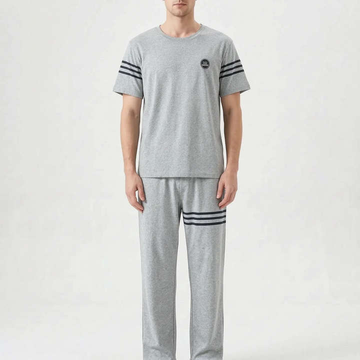 Men's summer sleep set: short sleeve top & matching shorts for casual wear.