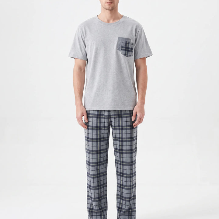 Soft men's two-piece homewear suit, short sleeve & relaxed fit for comfort.