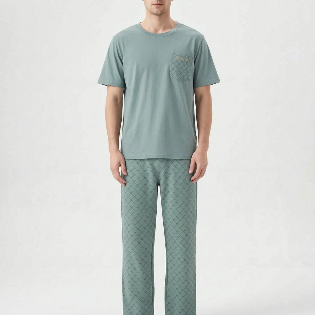 Men's comfort pajama set: short sleeve top & shorts, ideal for lounging.