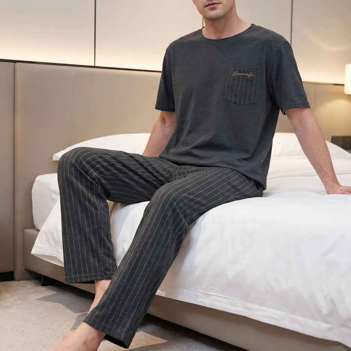 Men's short sleeve casual homewear suit in relaxed fit, perfect for summer comfort.
