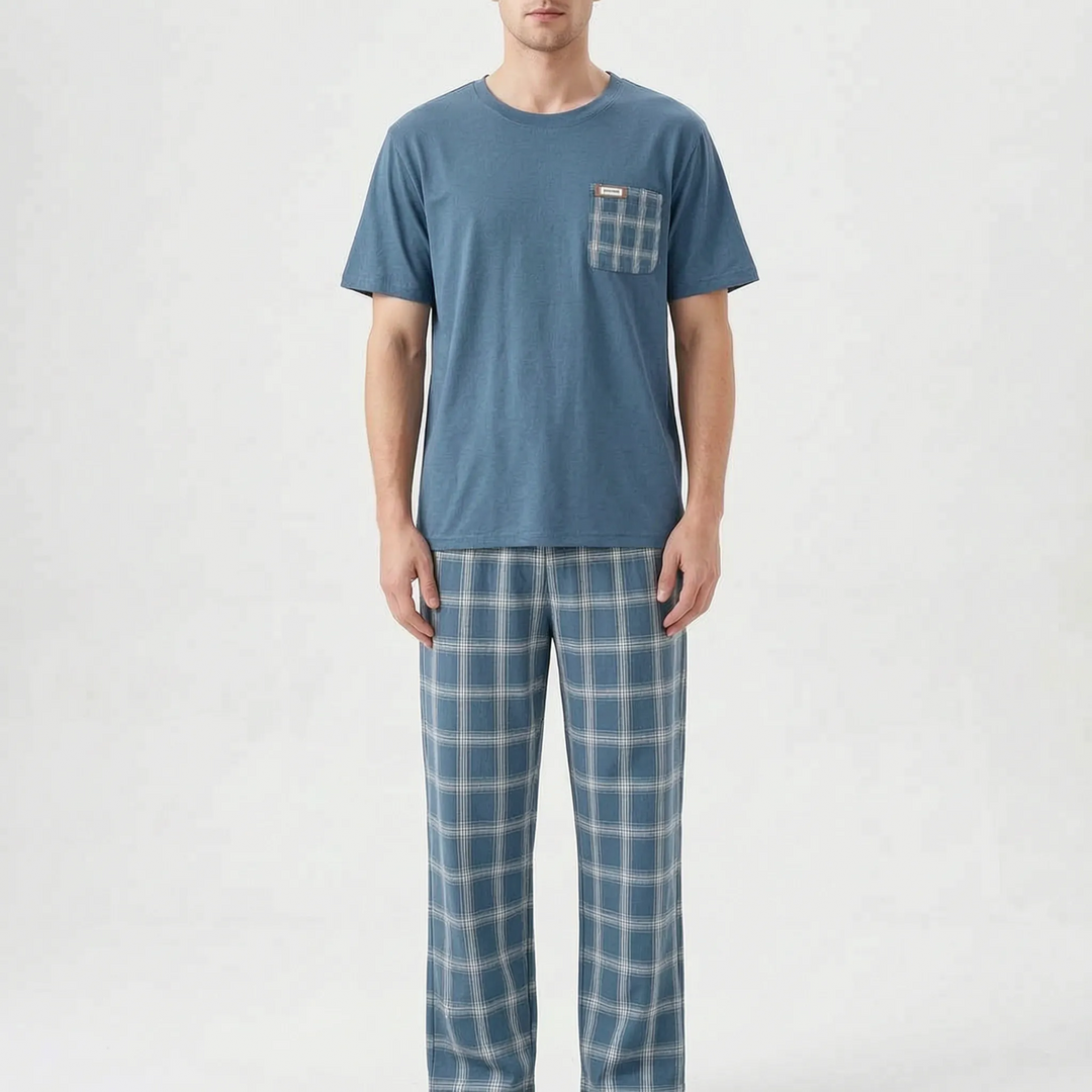 Comfortable men's short sleeve pajama set with elastic waist, relaxed fit.