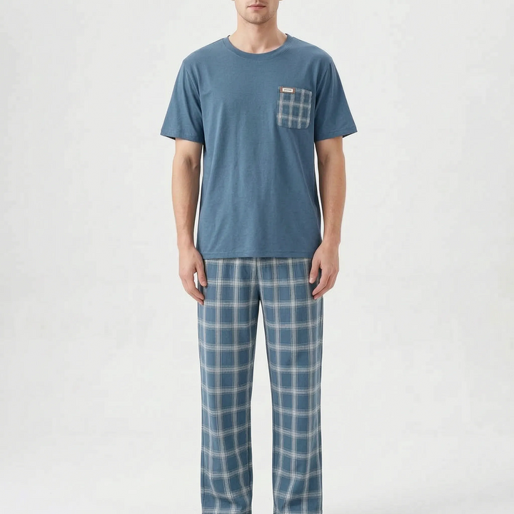 Comfortable men's short sleeve pajama set with elastic waist, relaxed fit.