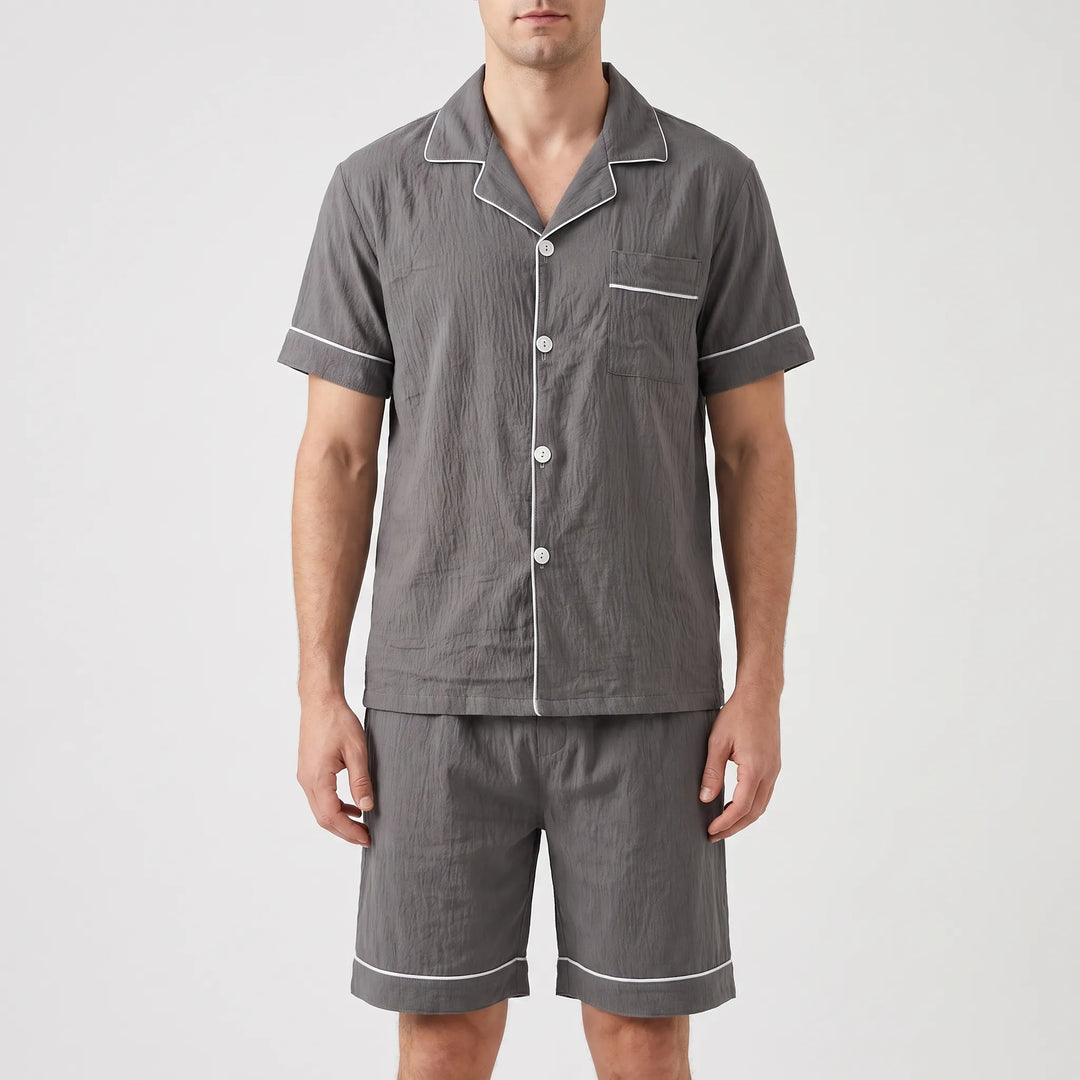 Classic fit men's short-sleeve button-up loungewear set, ideal relaxed home apparel and sleepwear.