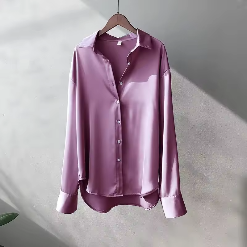 Women's elegant long-sleeve collared blouse, a versatile flowy top for sophisticated office or casual wear.