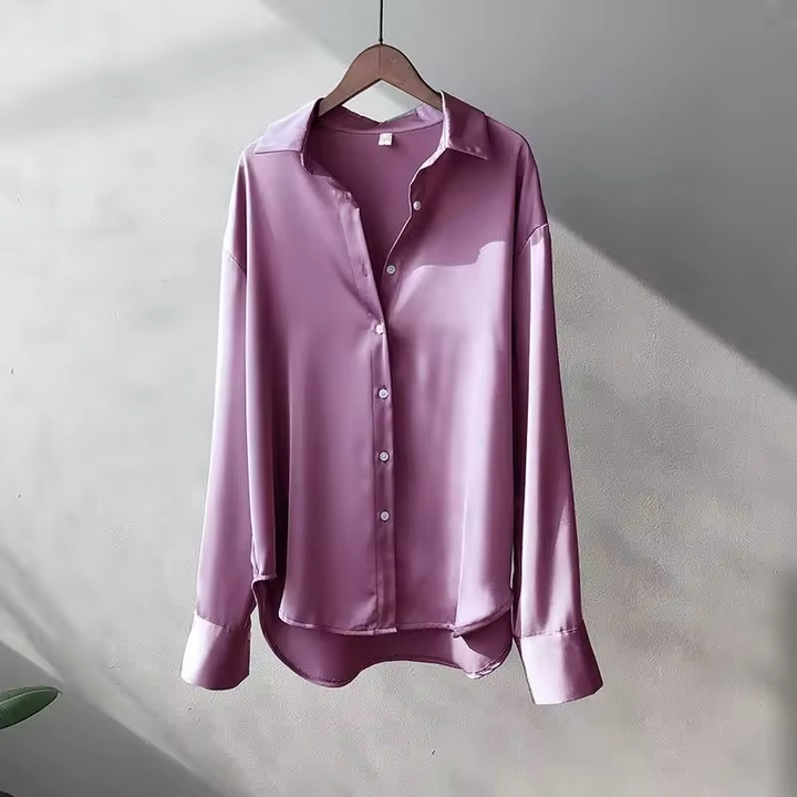 Women's elegant long-sleeve collared blouse, a versatile flowy top for sophisticated office or casual wear.