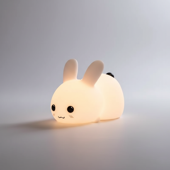 Rechargeable bunny night light providing soft, warm glow for children's room. Perfect bedtime lamp for kids.