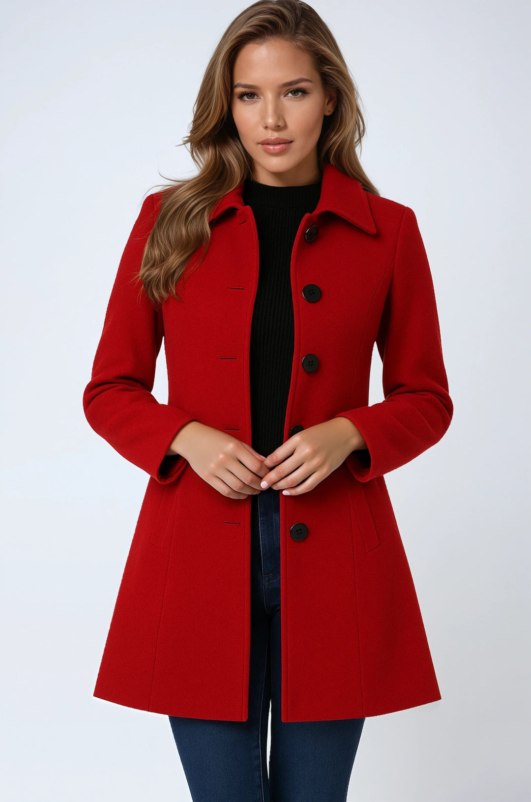 Chic women's long trench coat, single-breasted and tailored, perfect elegant outerwear for winter.