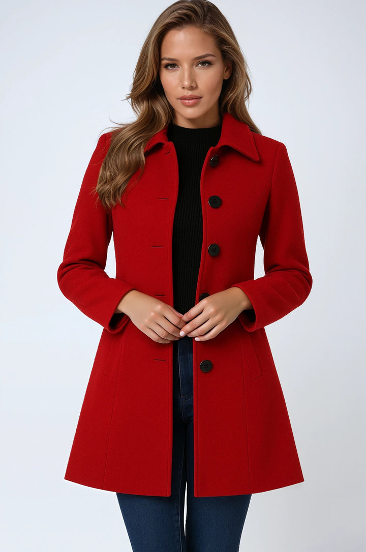 Chic women's long trench coat, single-breasted and tailored, perfect elegant outerwear for winter.