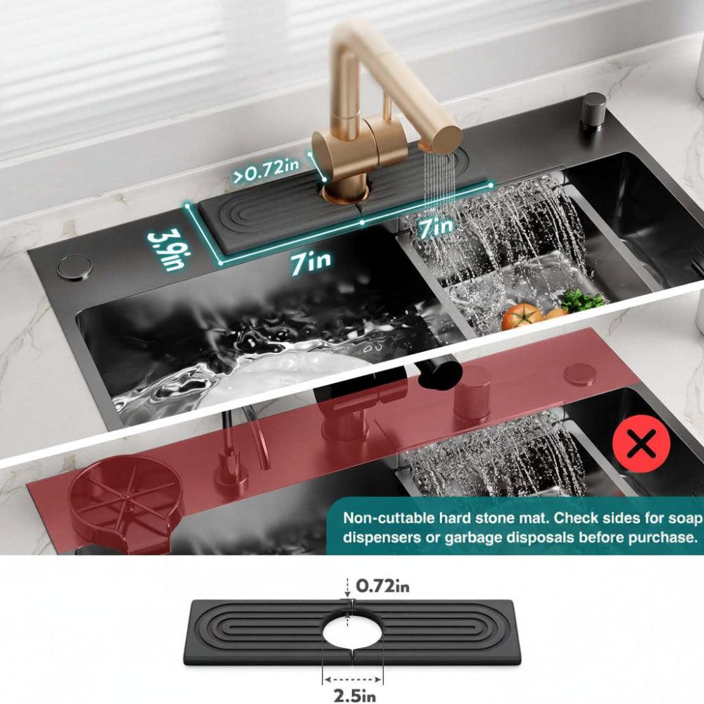 U-shaped diatomite stone drying mat fits snugly around kitchen & bathroom faucets.