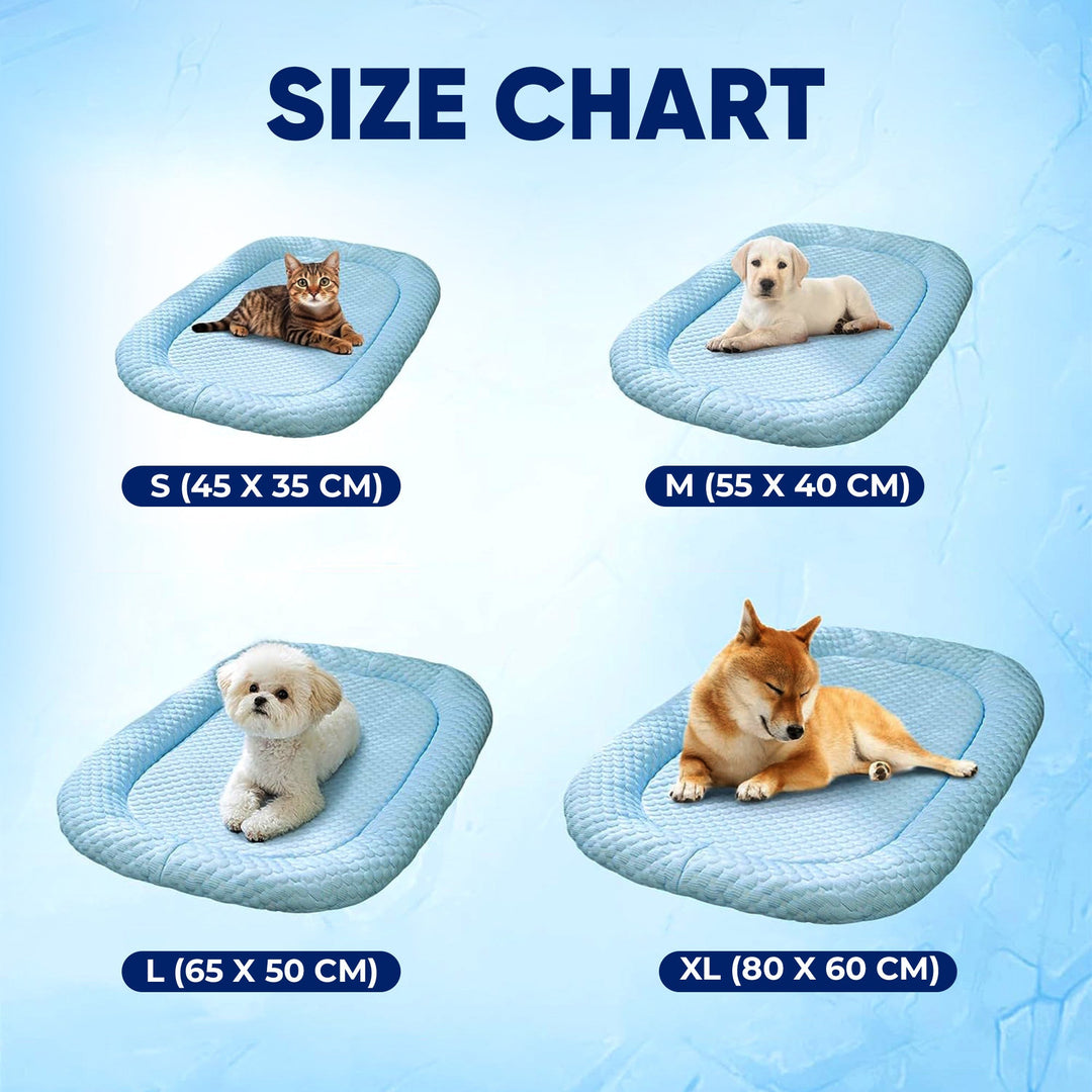 Dog & cat cooling mat: a blue ice silk bed for ultimate summer pet comfort.