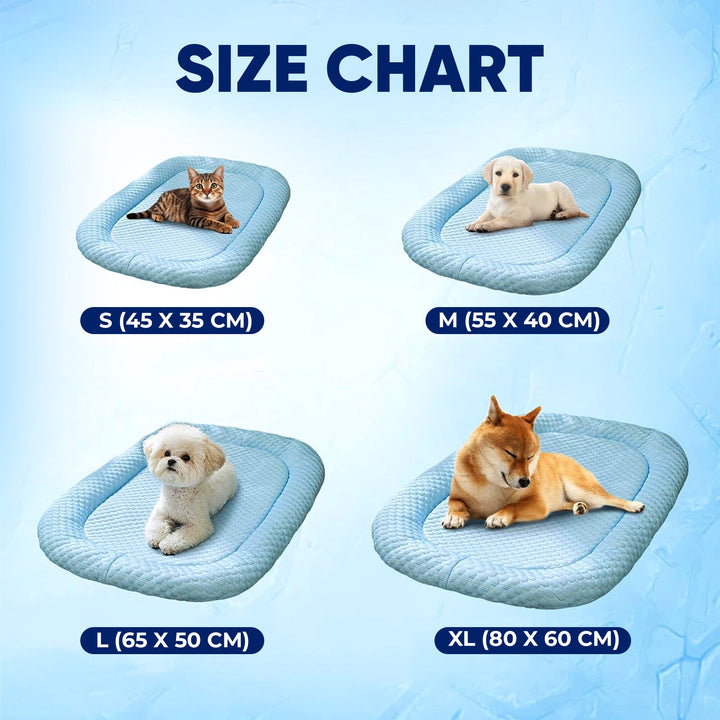 Dog & cat cooling mat: a blue ice silk bed for ultimate summer pet comfort.